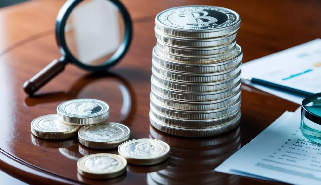 A stack of silver coins and bars arranged neatly on a polished wooden table, with a magnifying glass and financial documents nearby