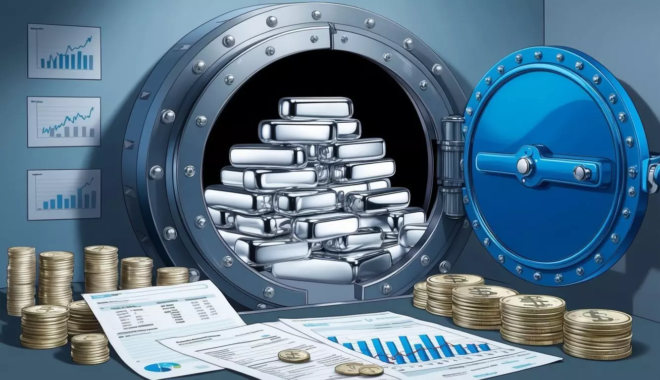 A secure vault filled with gleaming silver bars, surrounded by financial documents and charts