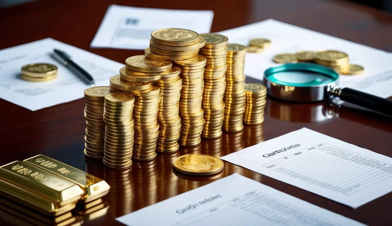 A stack of gold coins and bars arranged neatly on a polished wooden table, with a magnifying glass and financial documents scattered around