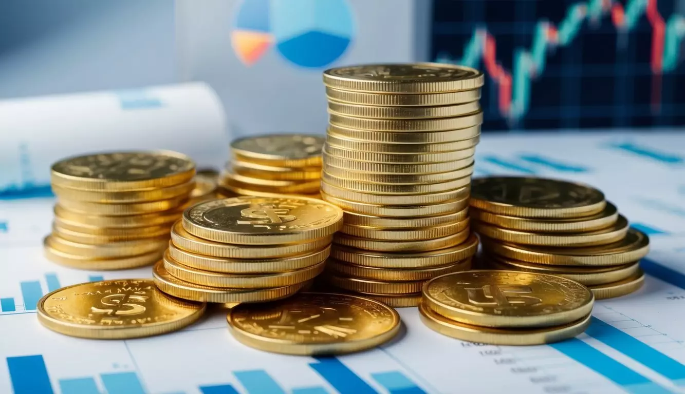 A stack of gold coins surrounded by financial charts and graphs