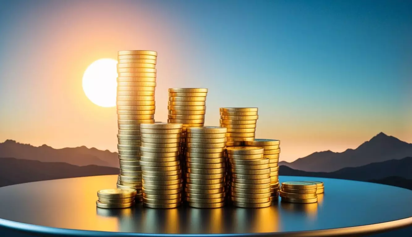 A stack of gold coins and bars displayed on a sleek, modern table with a backdrop of a rising sun over a mountain range