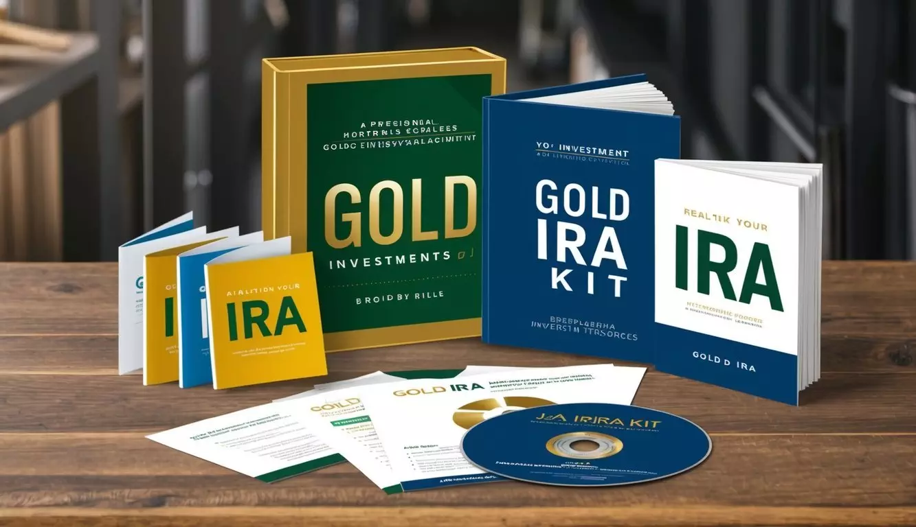 A gold IRA kit with a collection of investment materials and resources, including brochures, a CD, and a guidebook, displayed on a wooden table