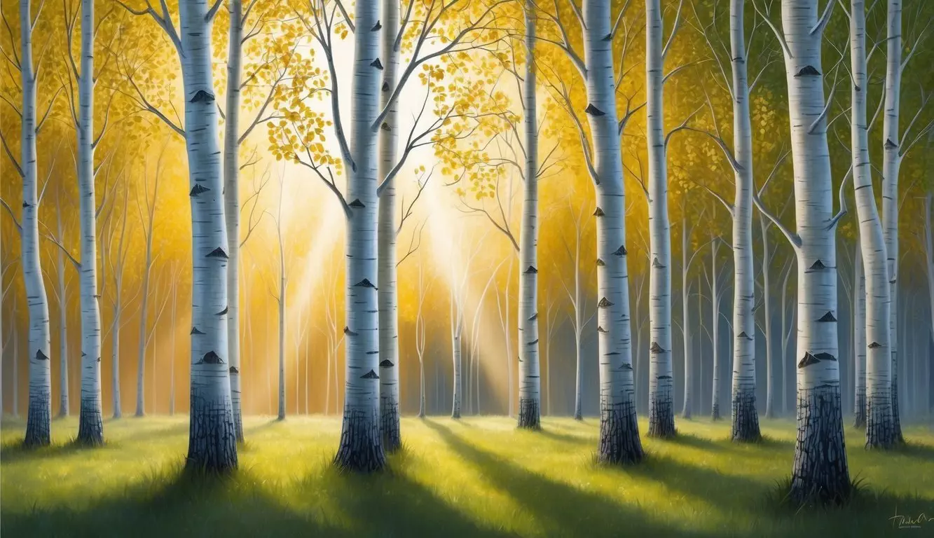 A group of birch trees standing tall in a serene forest clearing, with golden sunlight streaming through the leaves