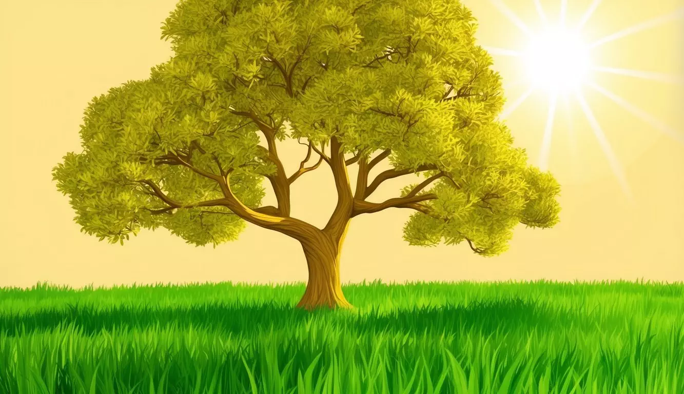 A golden tree with sturdy branches, surrounded by a field of vibrant green grass. The sun shines brightly, casting a warm glow on the scene