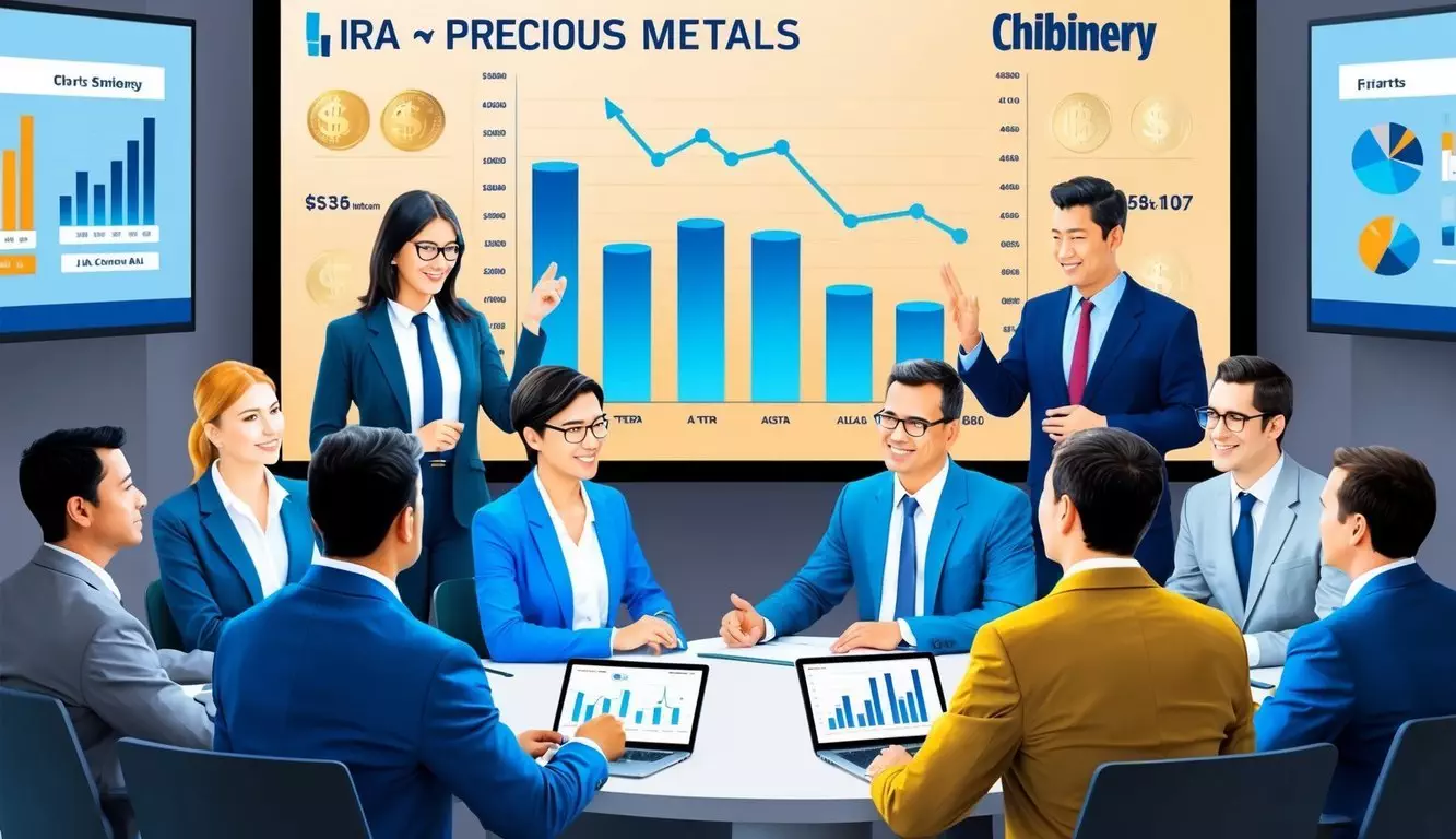 A group of people discussing and comparing different precious metals IRA companies, with charts and graphs displayed on a large screen in the background