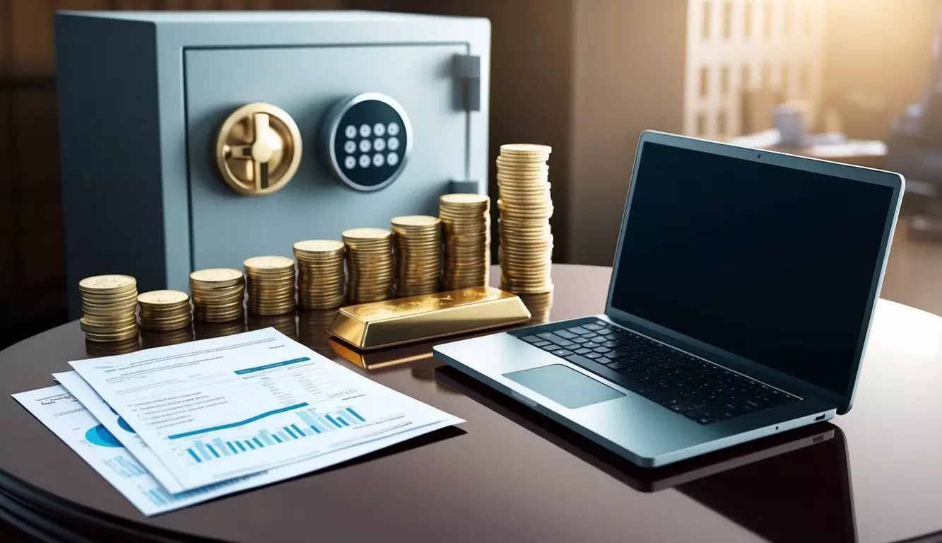 A desk with a laptop, financial documents, and a gold bar on a polished surface, with a stack of gold coins and a secure safe in the background