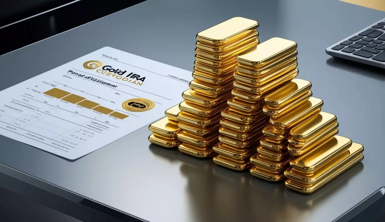 A stack of gold coins and bars arranged neatly on a sleek, modern desk with a financial statement and a gold IRA custodian's logo displayed prominently