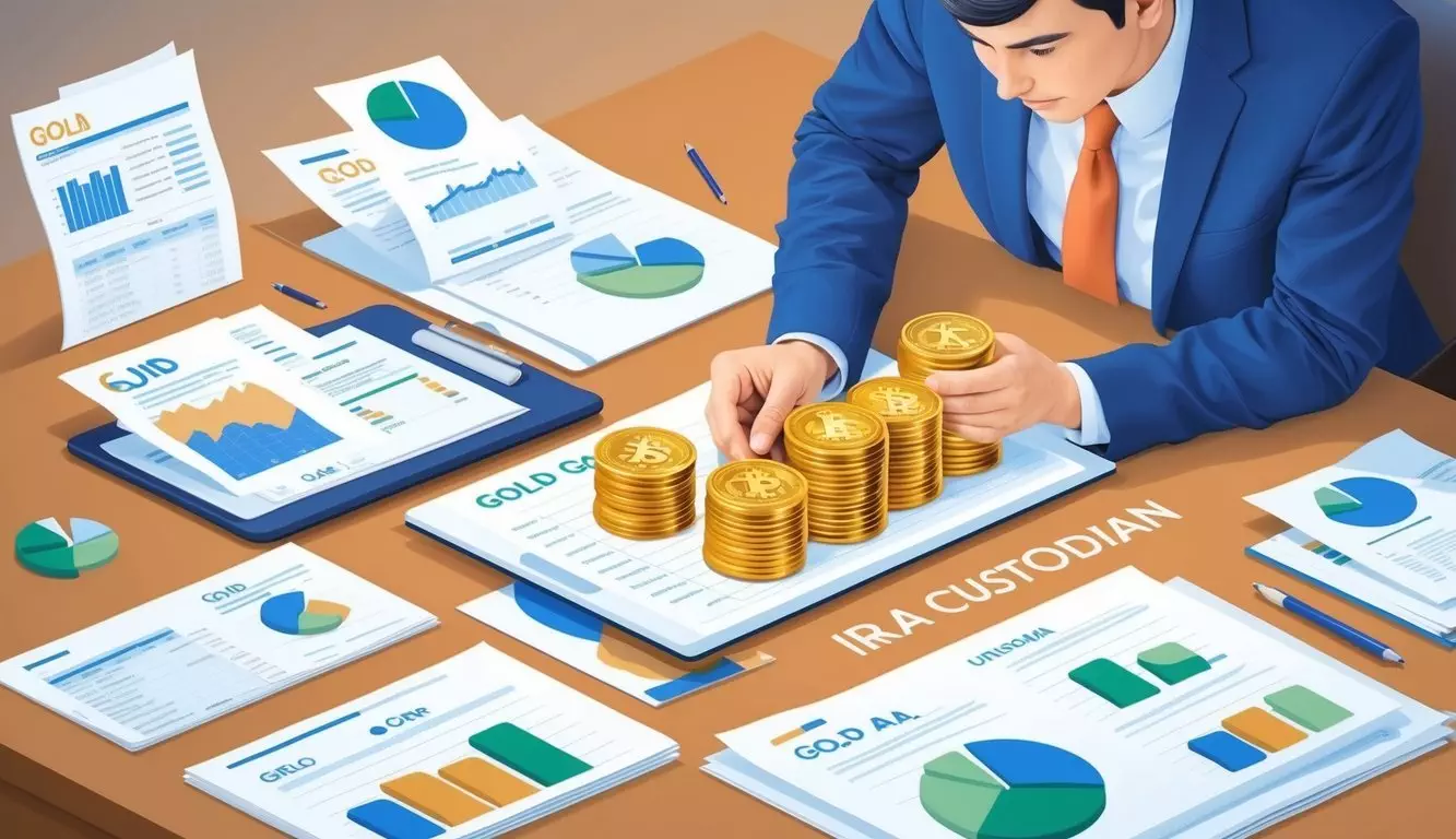 A person carefully examining and comparing different gold IRA custodian options, surrounded by financial documents and charts