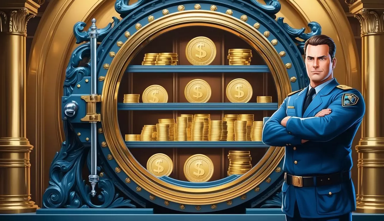 A regal, ornate vault filled with gleaming gold coins and bars, guarded by a sturdy, secure custodian