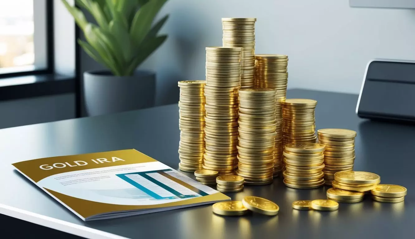 A stack of gold coins and bars arranged on a sleek, modern desk with a gold IRA brochure nearby