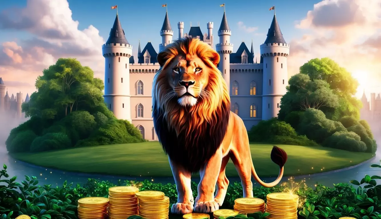 A regal lion stands proudly in front of a grand castle, surrounded by lush greenery and sparkling gold coins