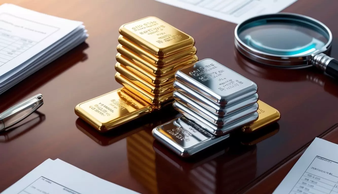 A stack of gold and silver bars arranged on a polished wooden table, with a magnifying glass and financial documents scattered around