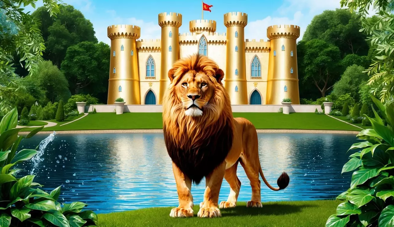 A regal lion stands proudly in front of a shimmering gold castle, surrounded by lush greenery and sparkling water