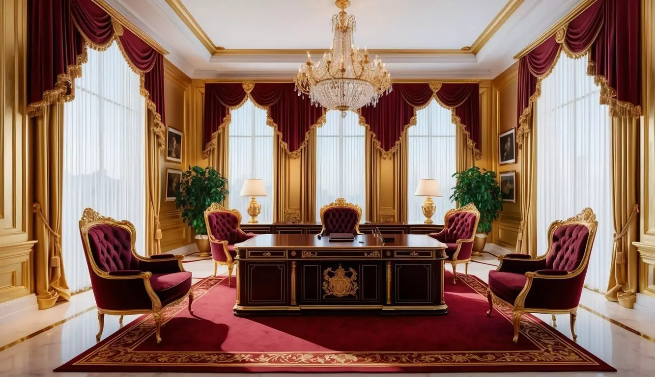 A grand and regal office space with gold accents and luxurious furnishings, exuding an aura of wealth and prestige