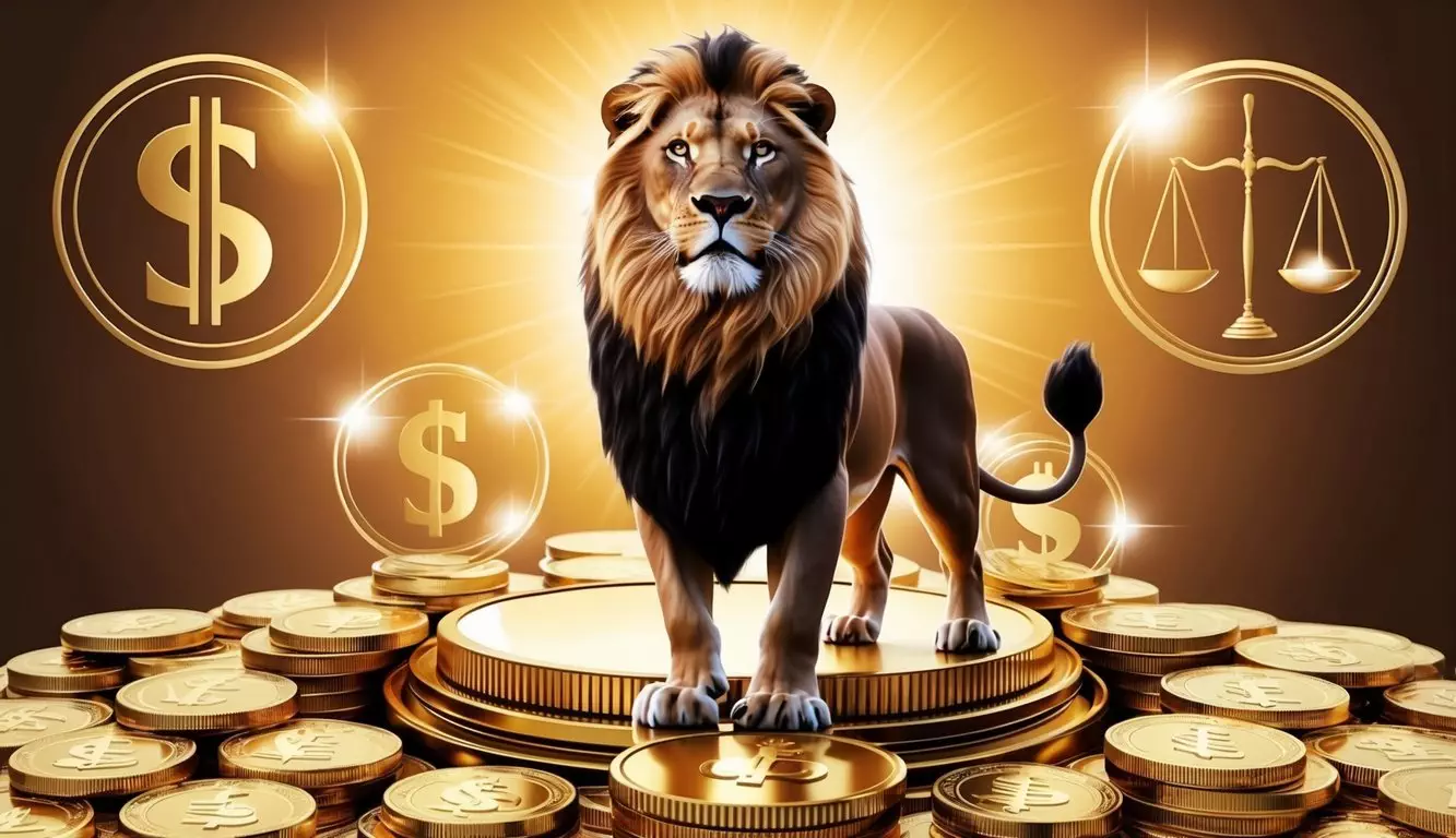 A regal lion stands proudly in front of a gleaming gold coin, surrounded by symbols of wealth and prosperity