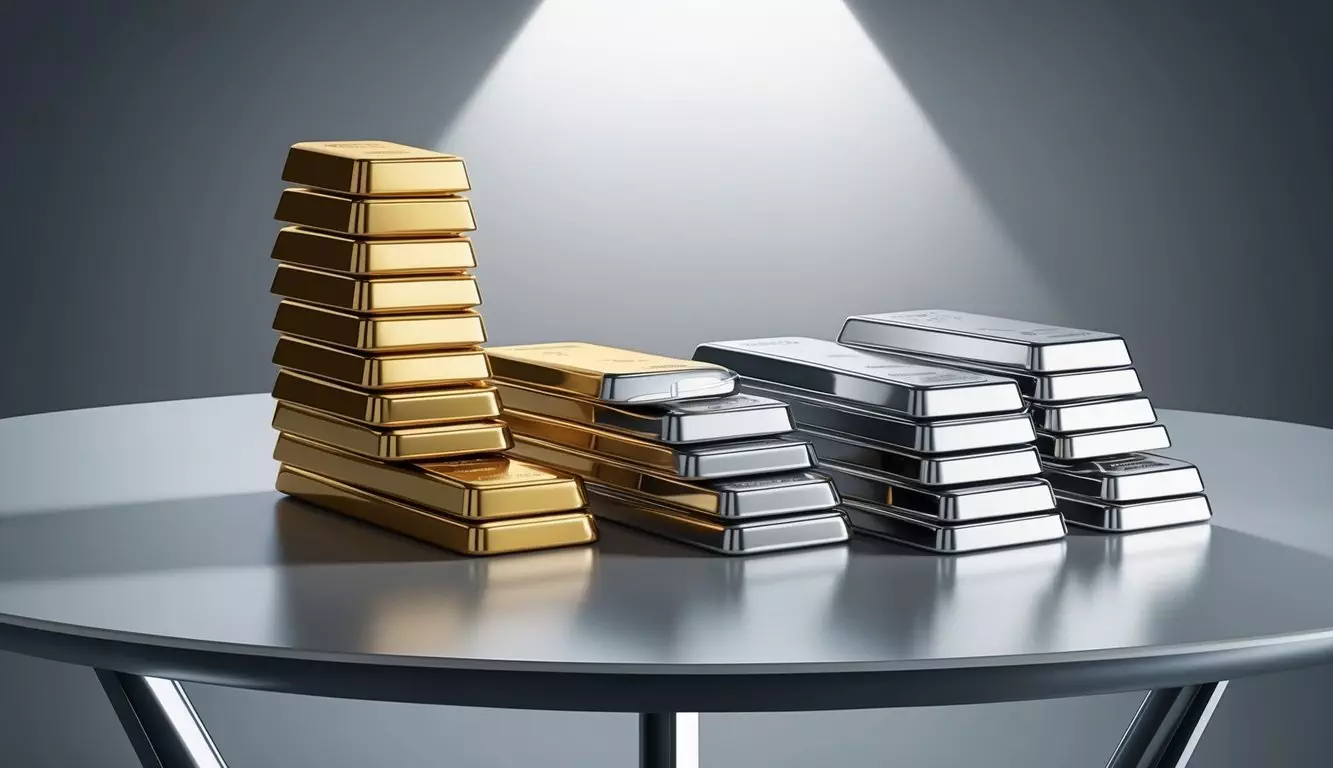 A stack of gold and silver bars arranged on a sleek, modern table with a spotlight shining down on them