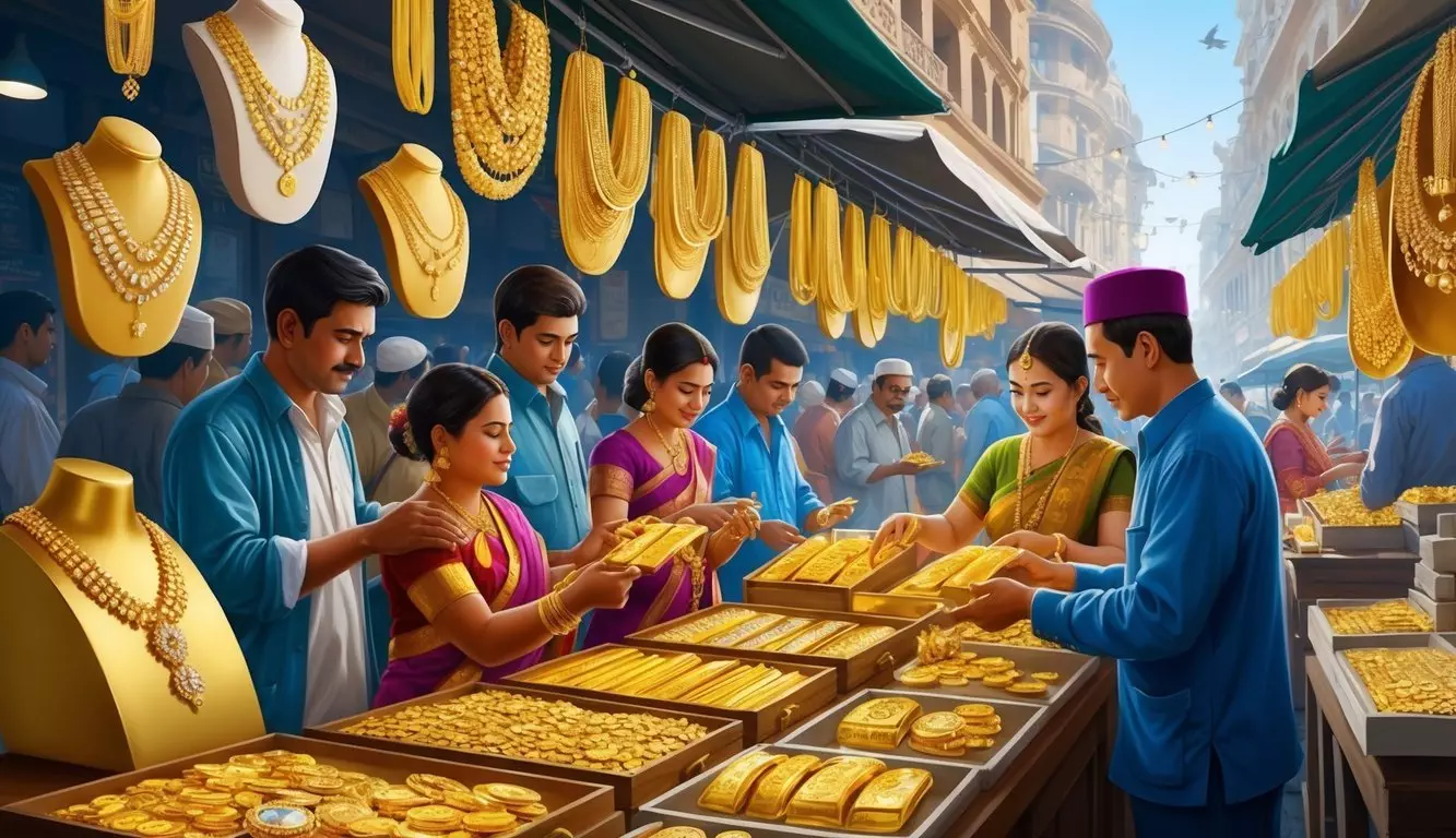 A bustling marketplace in a foreign country, with vendors selling gleaming gold jewelry and bullion at competitive prices. Shoppers inspecting and bargaining for the precious metal