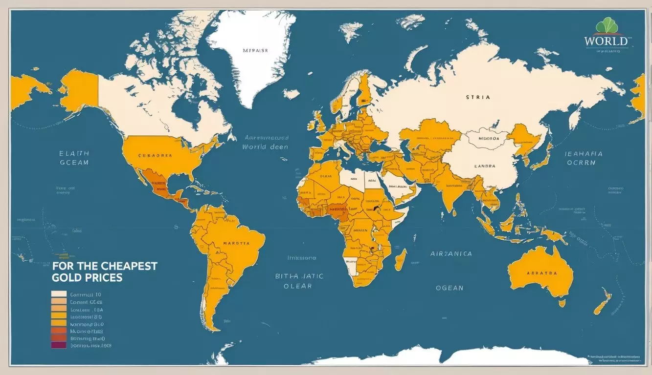 A world map with highlighted countries known for the cheapest gold prices