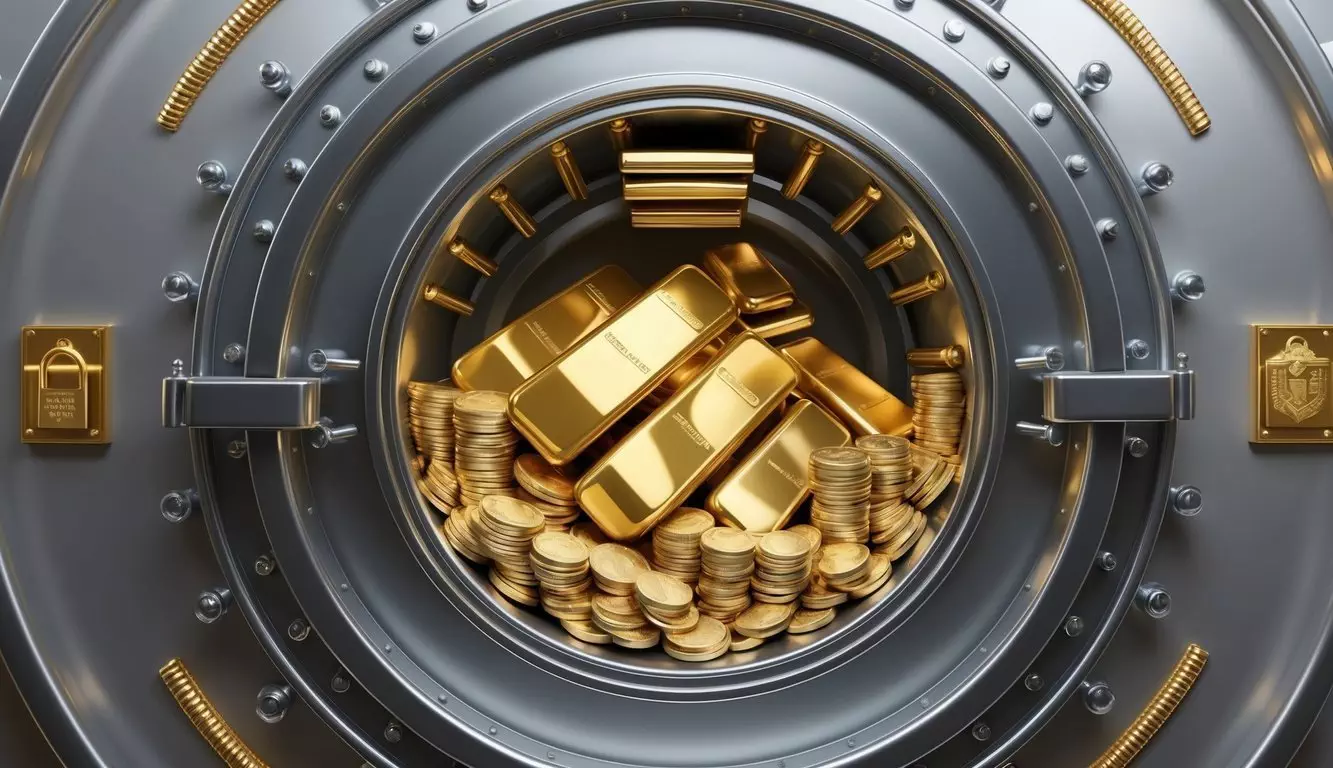 A vault filled with gleaming gold bars and coins, surrounded by security measures