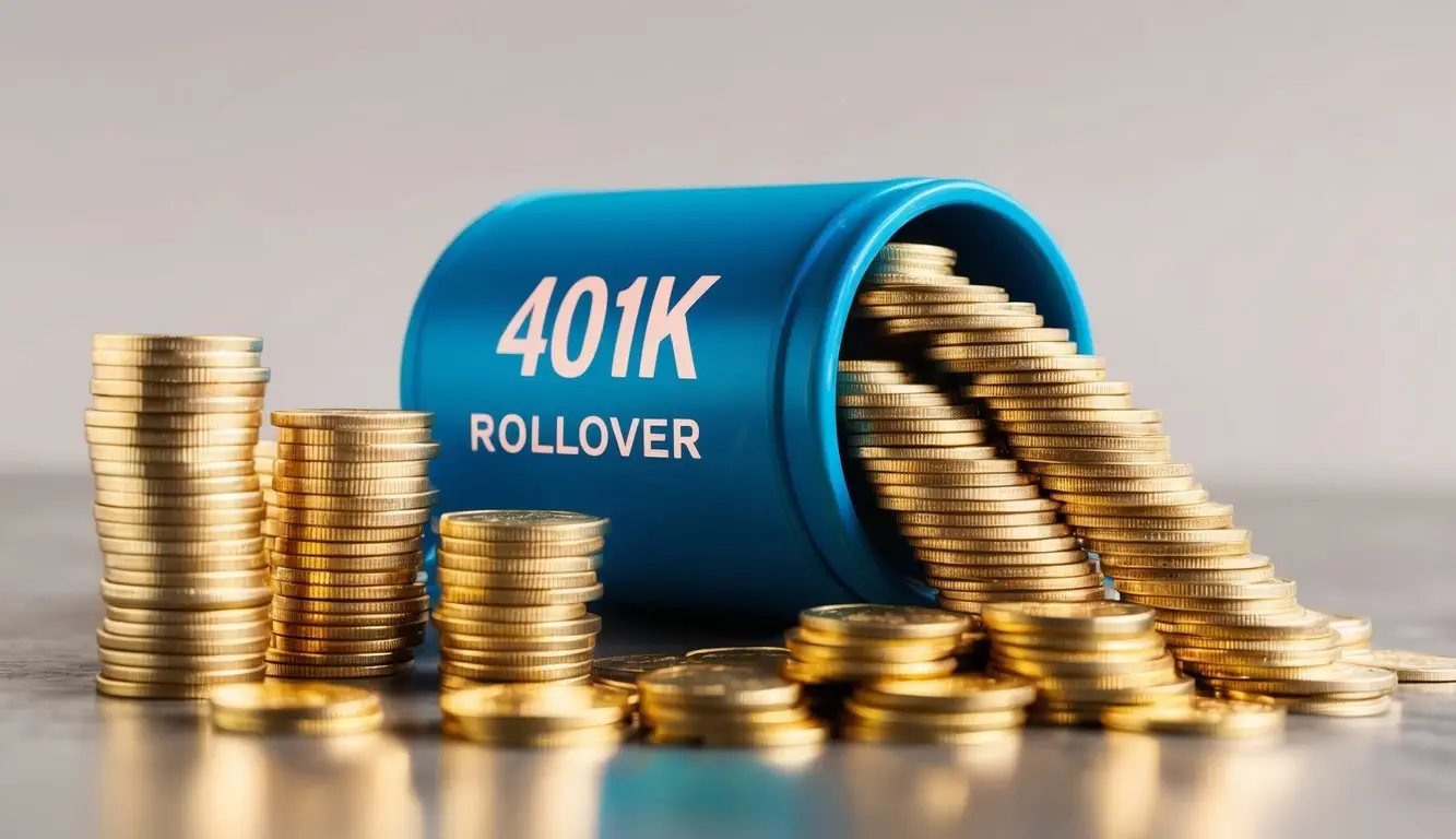 A stack of gold coins pouring out of a 401k rollover account