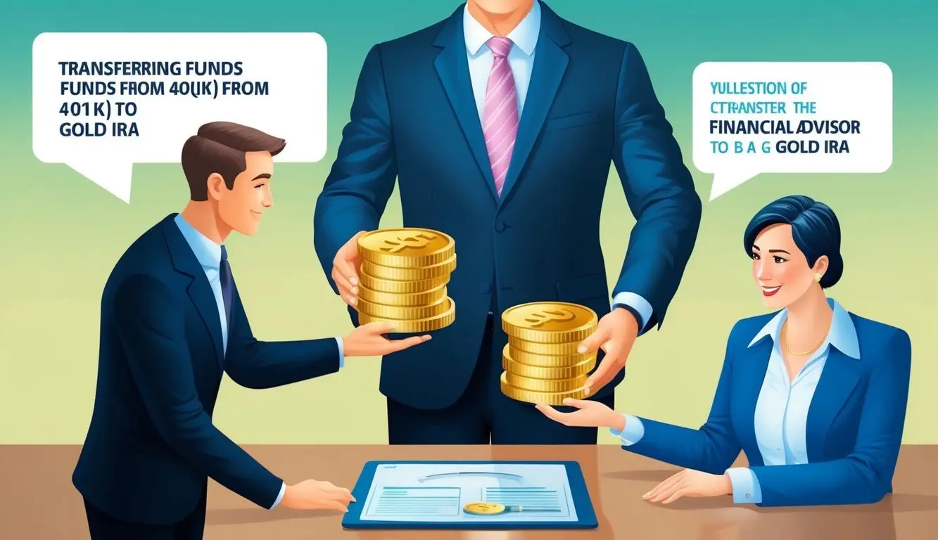 A person transferring funds from a 401(k) to a Gold IRA, with a financial advisor explaining the process