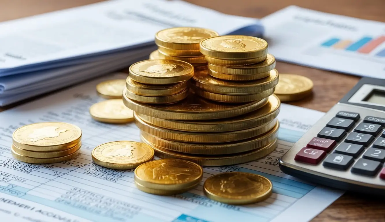 A stack of gold coins and bars surrounded by financial documents and a retirement account statement