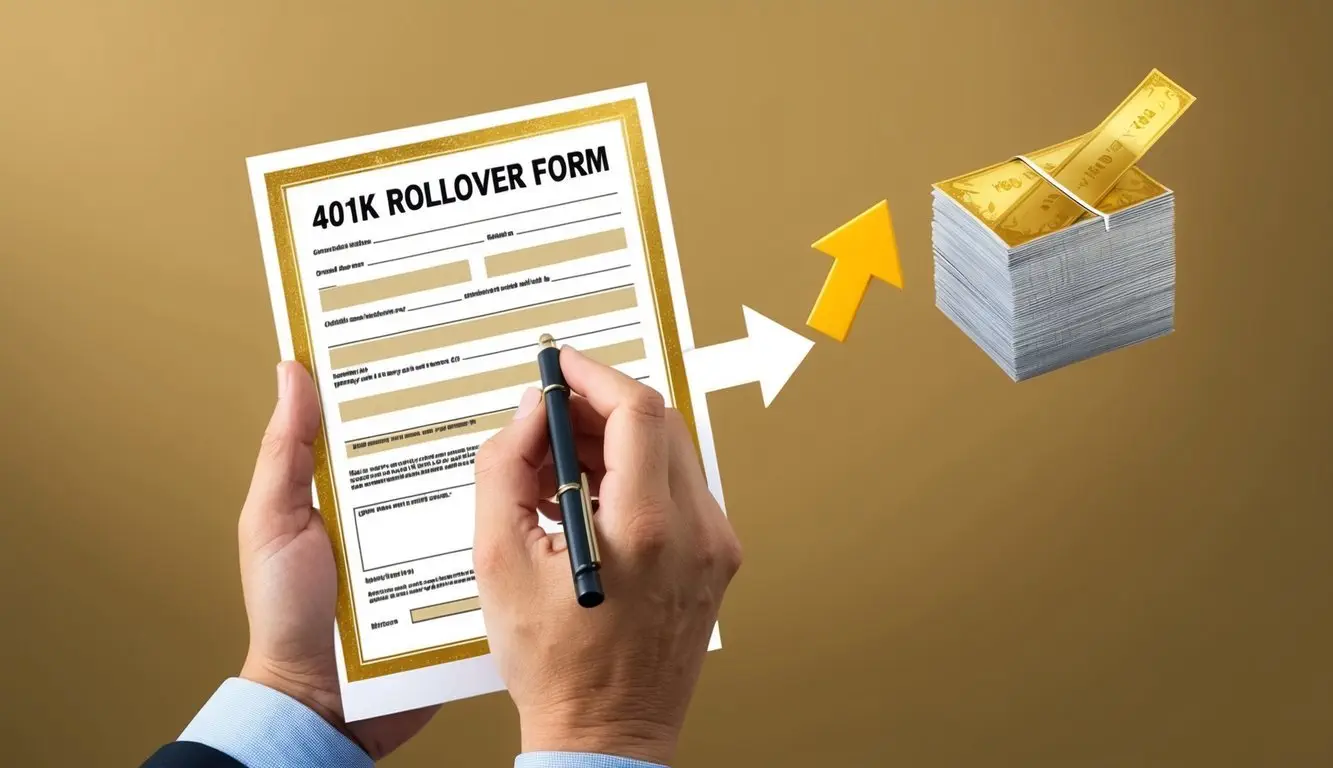 A hand holding a golden 401k rollover form with arrows pointing to a new gold investment