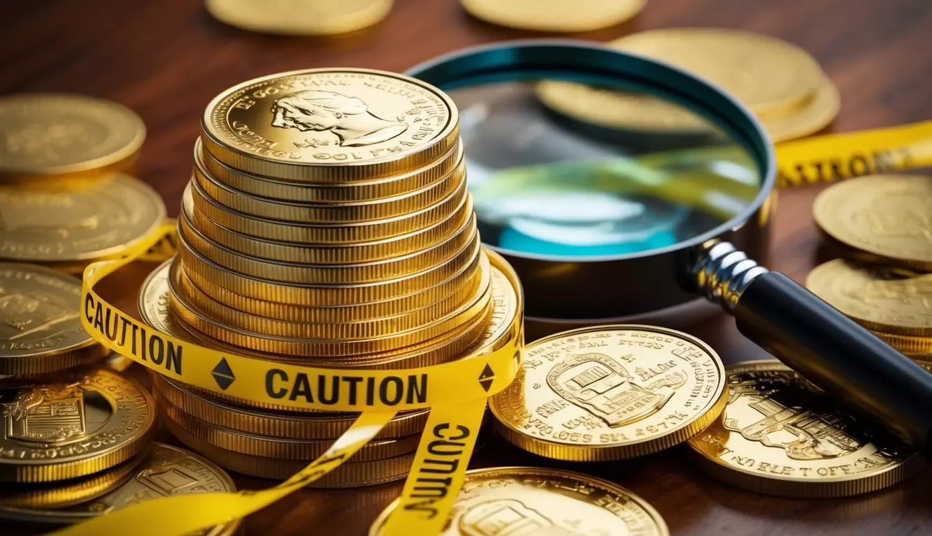 A stack of gold coins surrounded by caution tape and a magnifying glass