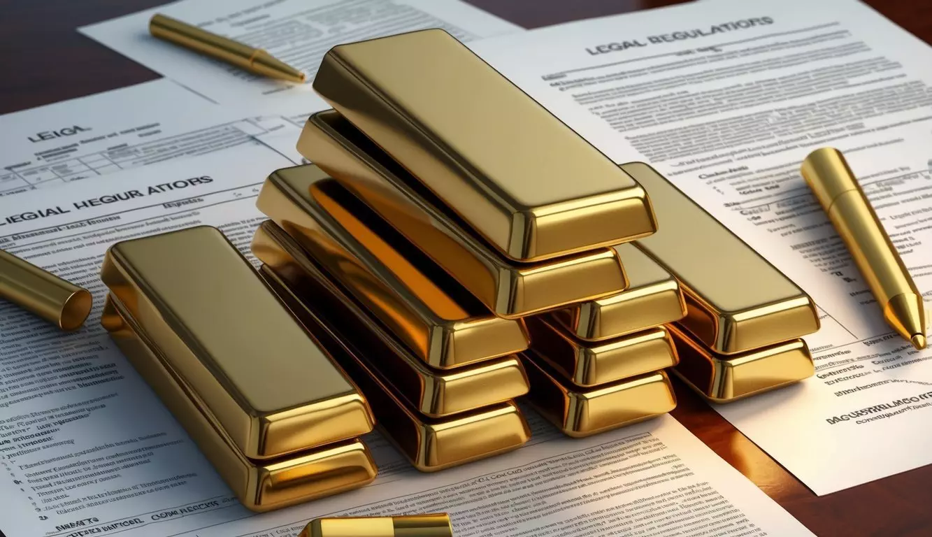 A stack of gold bars surrounded by legal documents and regulations