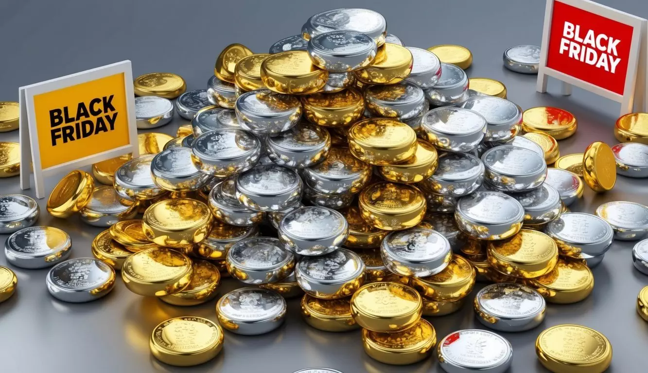 A pile of shiny silver and gold bullion, surrounded by black Friday sale signs