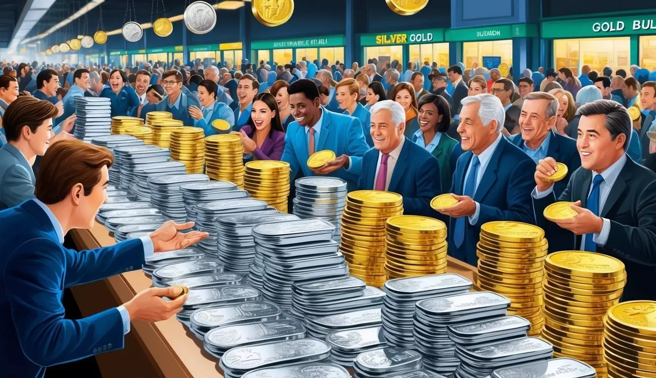 A crowded marketplace with people rushing to buy silver and gold bullion on Black Friday, with stacks of precious metals on display and excited investors making purchases