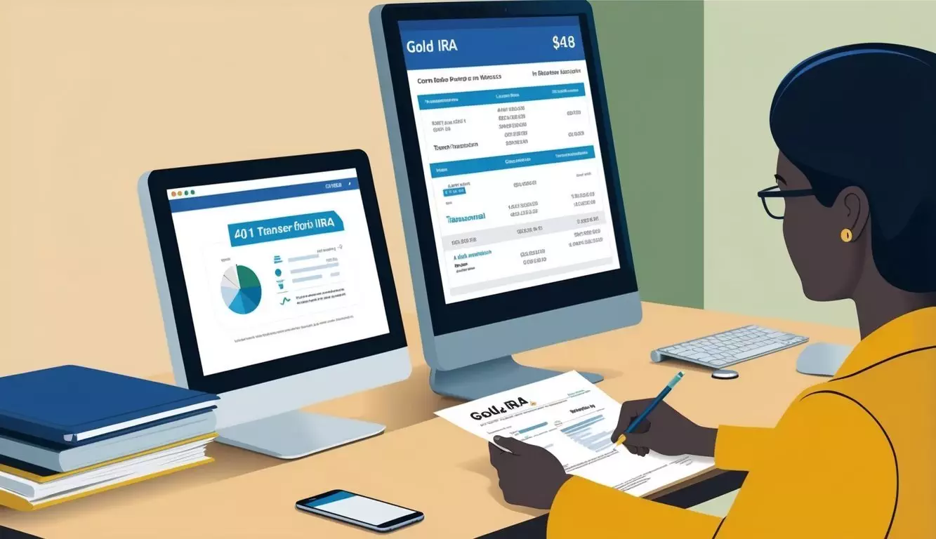 A person sits at a desk, reviewing paperwork for a 401(k) transfer to gold IRA. A computer screen displays financial information