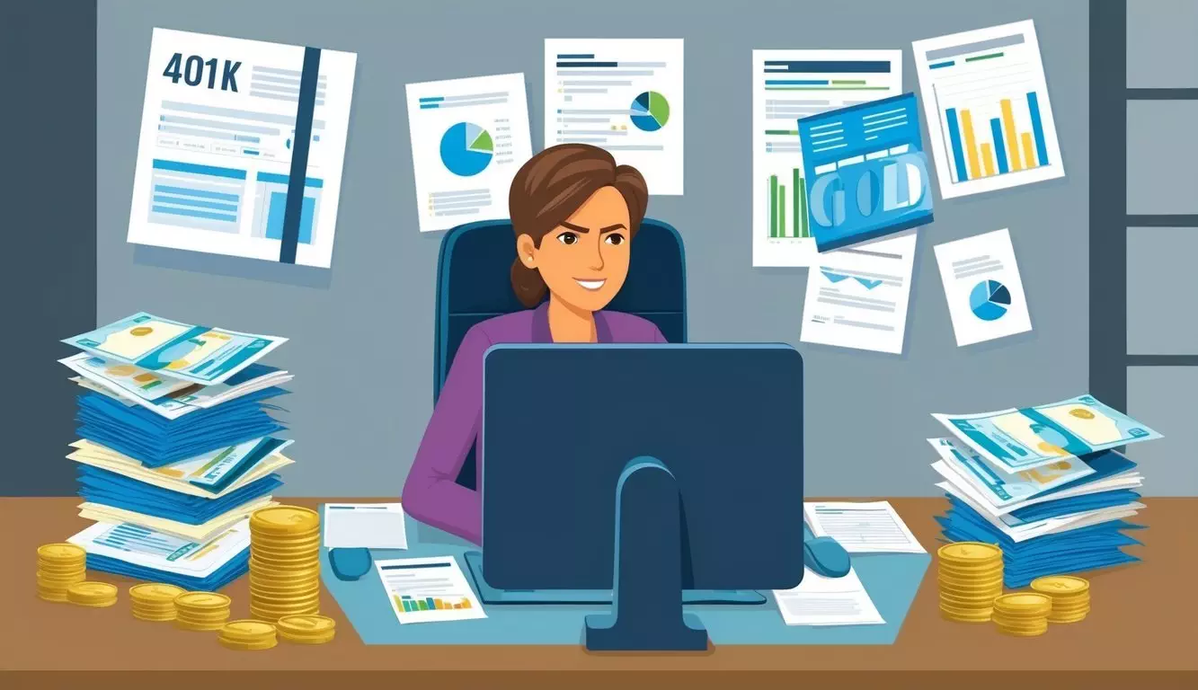 A person sits at a desk, surrounded by financial documents and a computer. They are researching how to transfer their 401k to gold without penalty, with a look of determination on their face