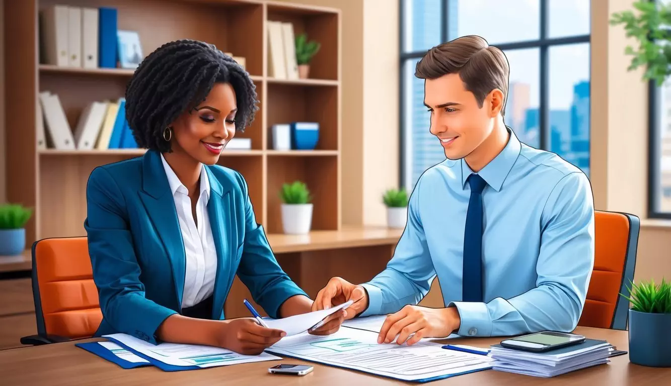 A person sets up a Gold IRA account, filling out paperwork and discussing options with a financial advisor in an office setting