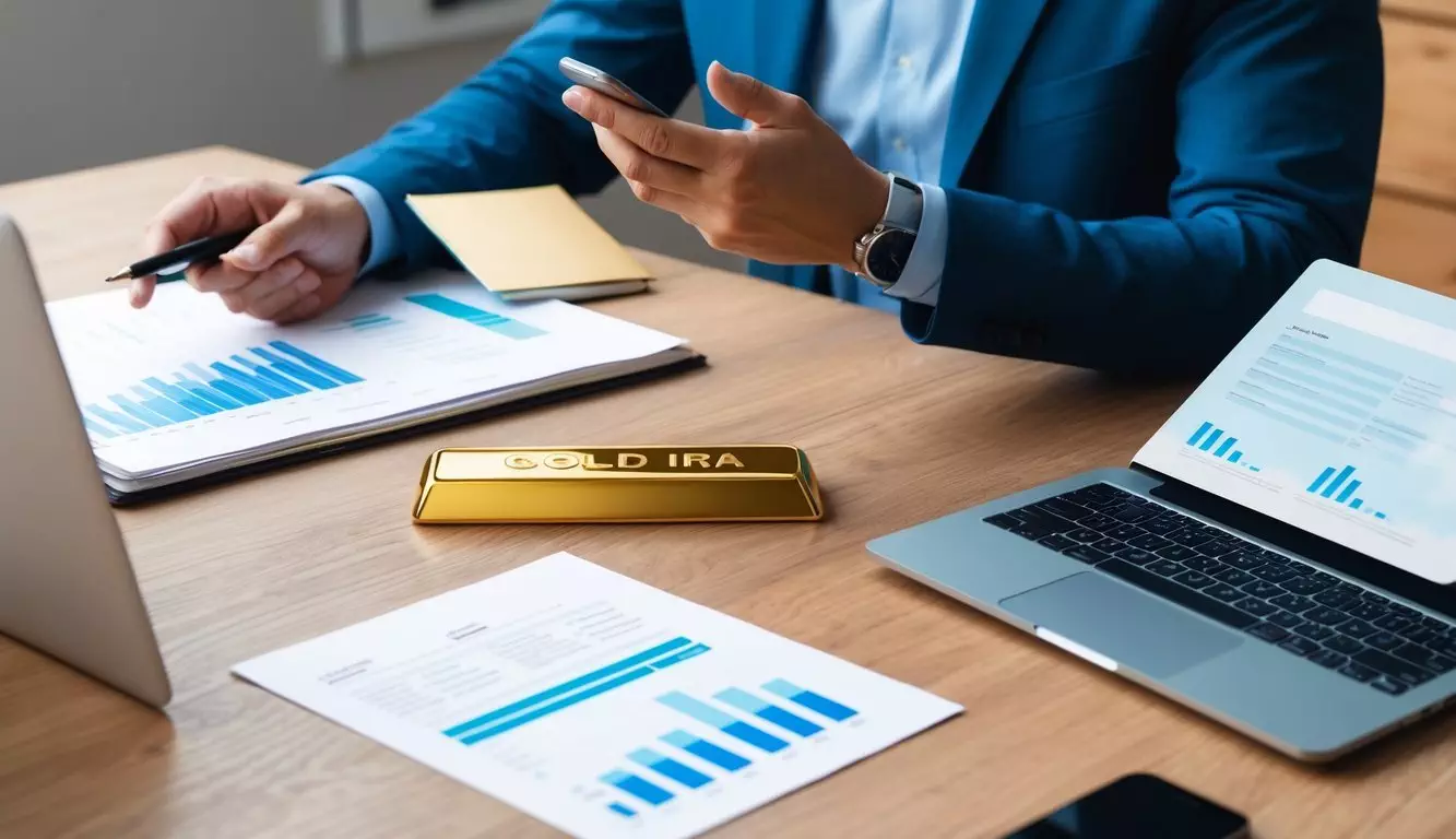 A desk with a laptop, financial documents, and a gold bar. A person on the phone discussing a gold IRA