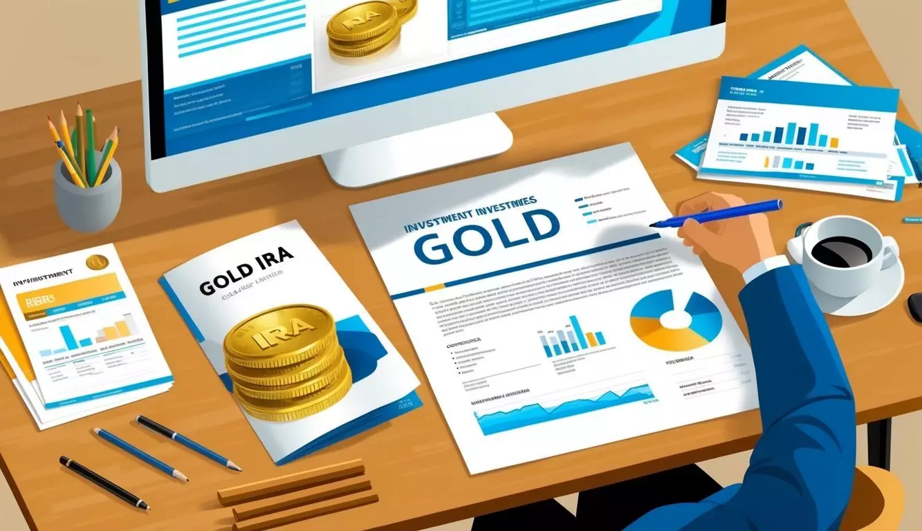 A desk with a computer, financial documents, and a gold IRA investment brochure. A person researching investment options and strategies