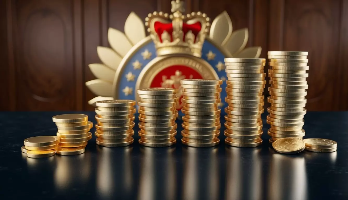 A stack of gold coins and bars arranged neatly on a dark, polished surface, with a regal-looking emblem in the background