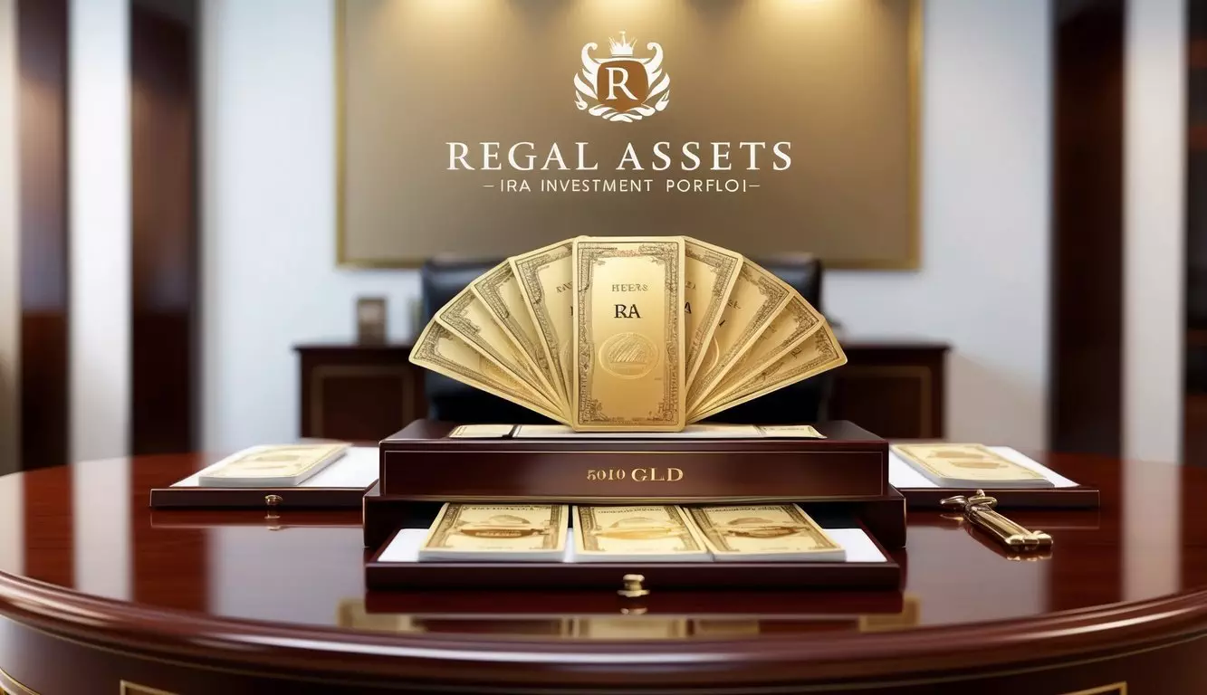 A luxurious gold IRA investment portfolio displayed on a polished wooden desk with a regal assets logo in the background