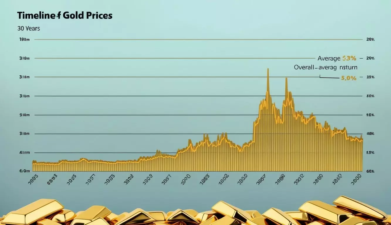 A timeline of gold prices over 30 years, showing fluctuations and overall average return