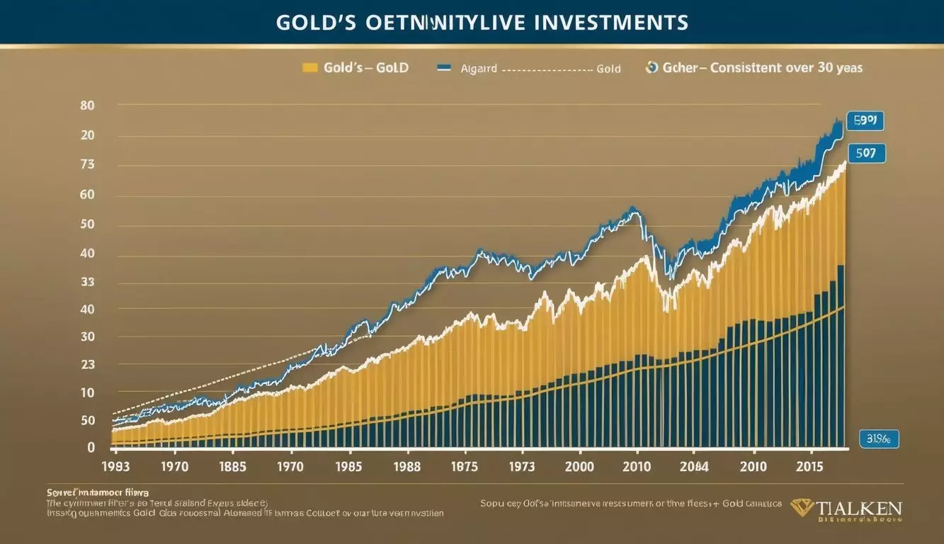 A graph showing gold's consistent upward trend compared to other investments over the past 30 years