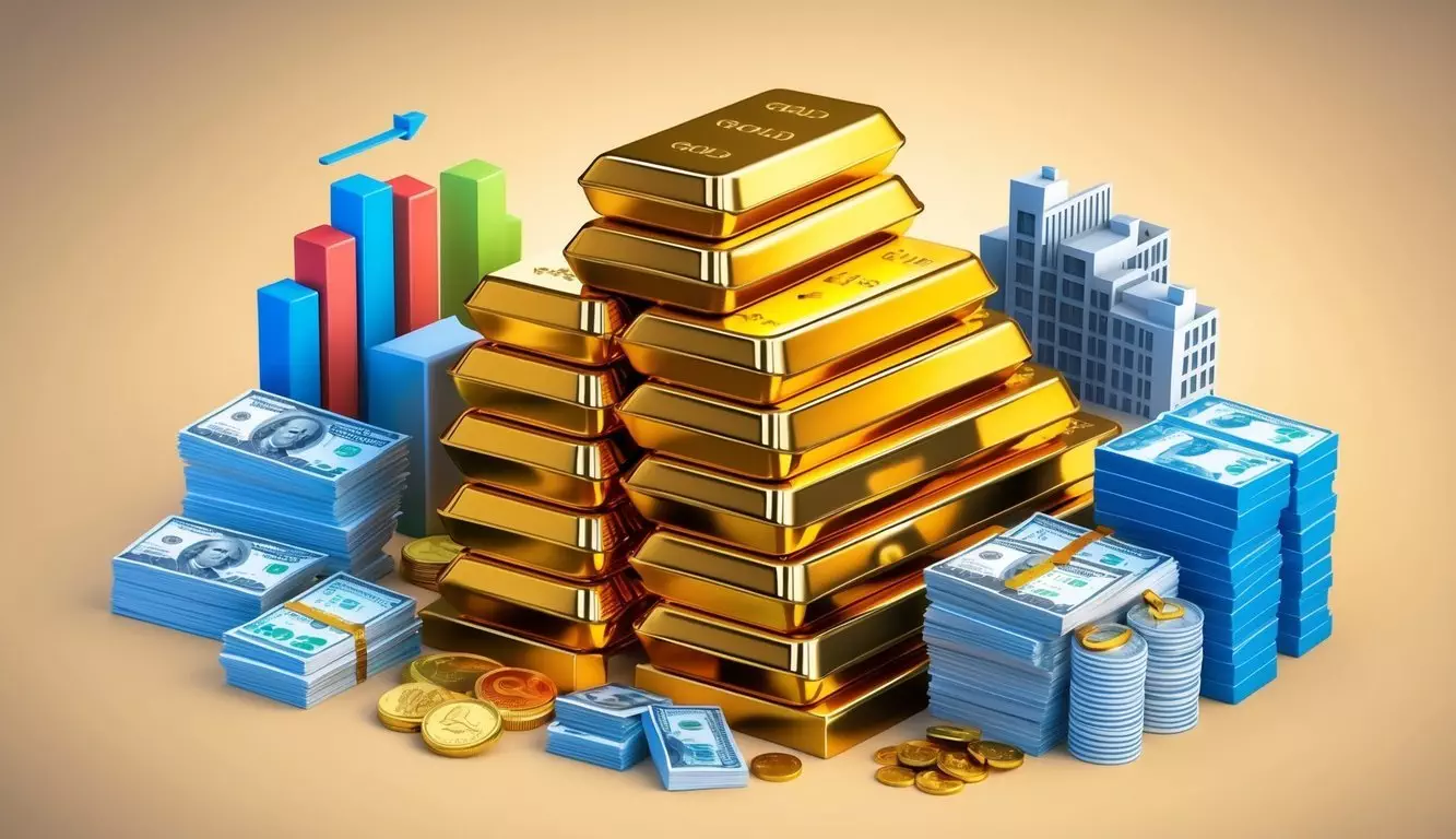 A stack of gold bars surrounded by a variety of investment assets, including stocks, bonds, and real estate, symbolizing diversification