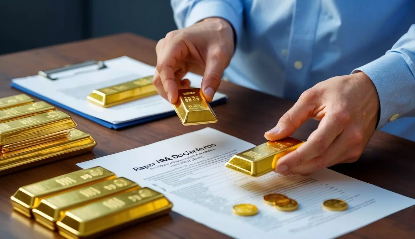 A person converting paper IRA documents into physical gold bars