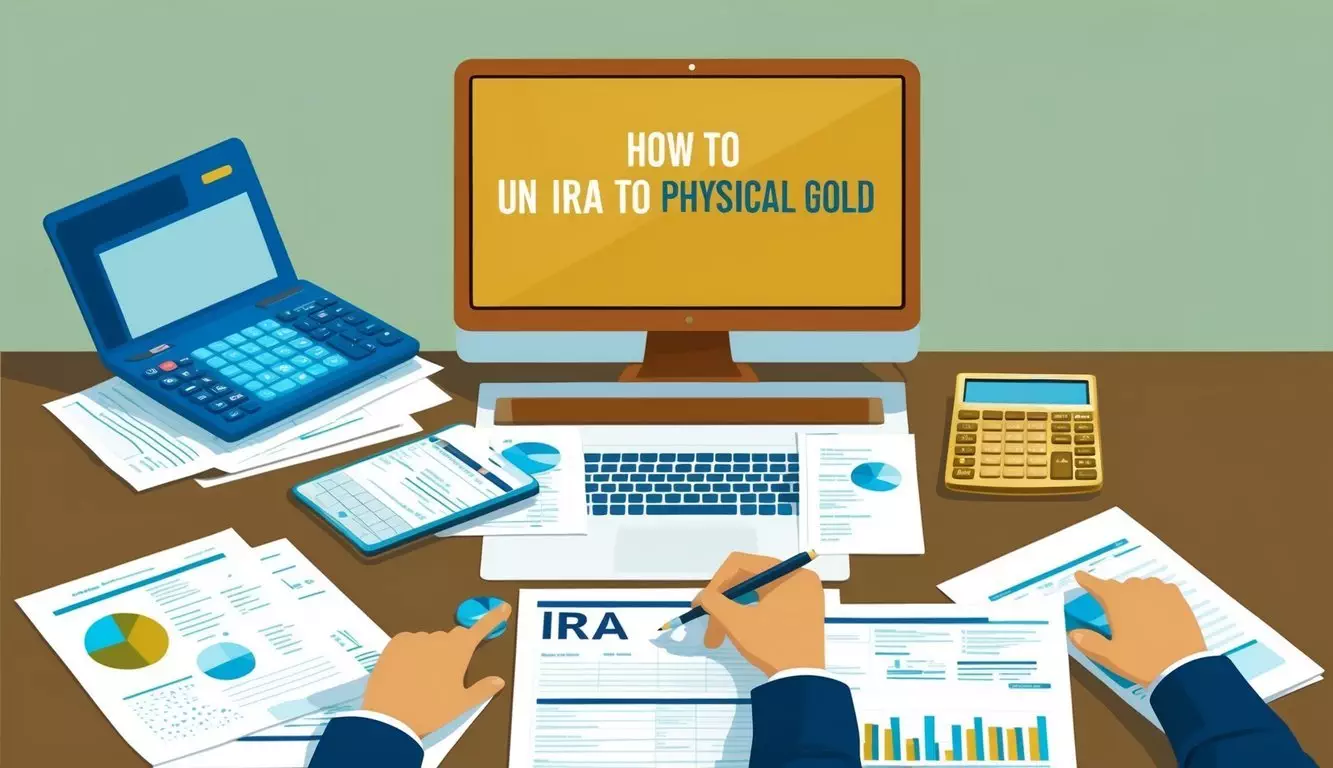 A person sitting at a desk with a computer, surrounded by financial documents and a calculator, researching how to convert IRA to physical gold