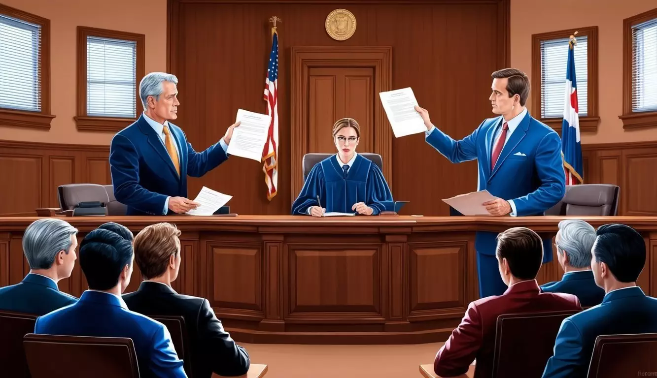 A courtroom with two opposing legal teams presenting arguments to a judge