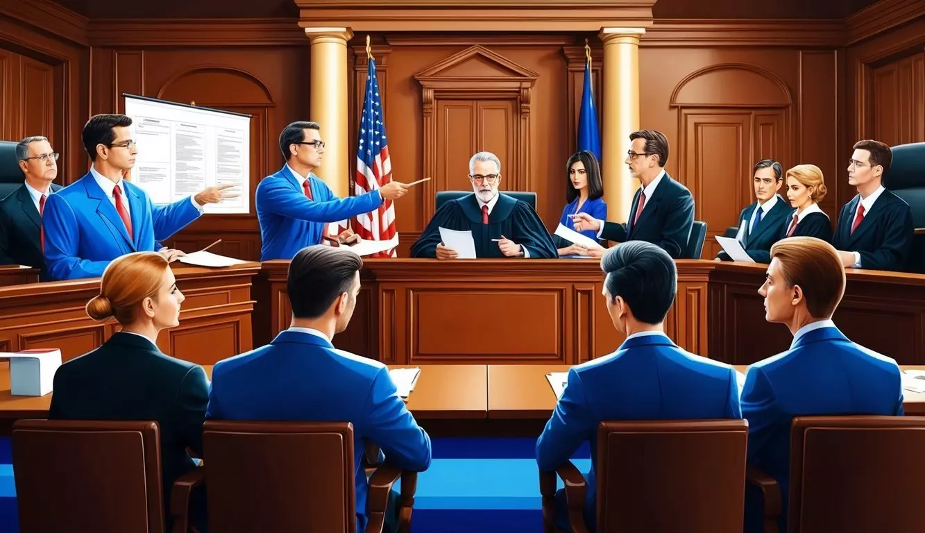 A courtroom with lawyers presenting evidence and arguing in front of a judge and jury