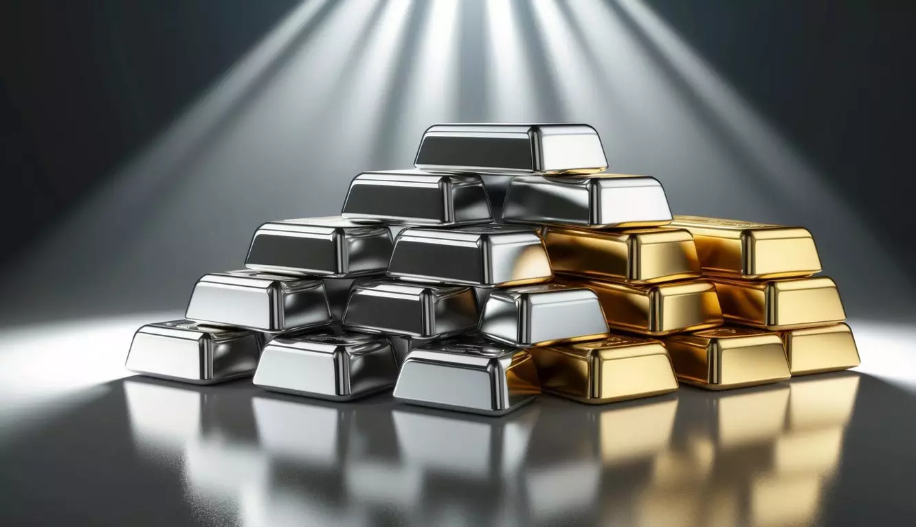 A stack of silver and gold bullion bars arranged on a reflective surface, with a spotlight casting dramatic shadows