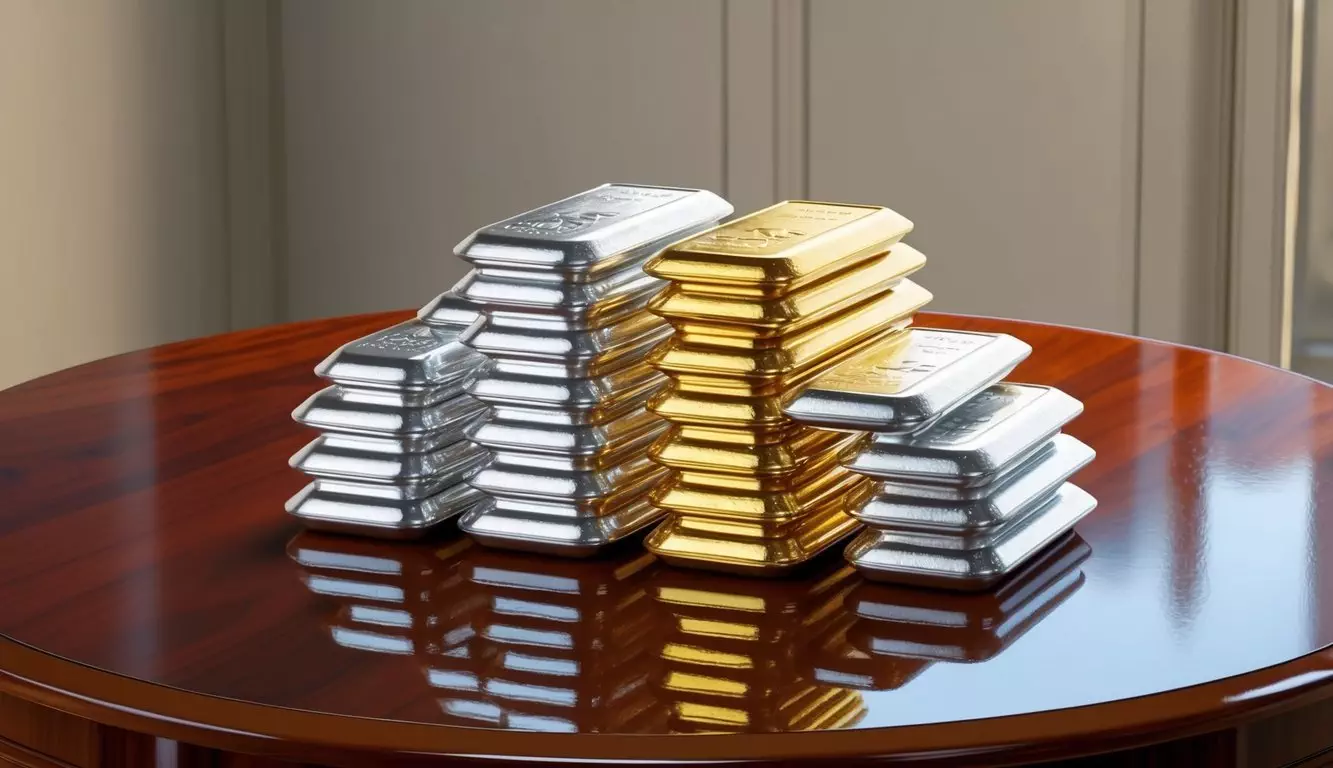 A stack of silver and gold bullion bars displayed on a polished wooden table