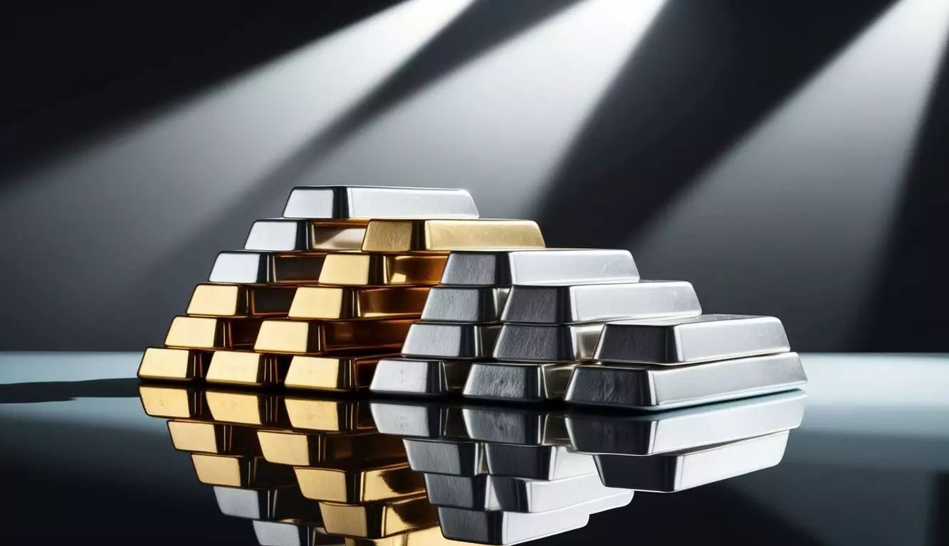 A stack of silver and gold bullion bars arranged on a reflective surface, with a spotlight casting dramatic shadows