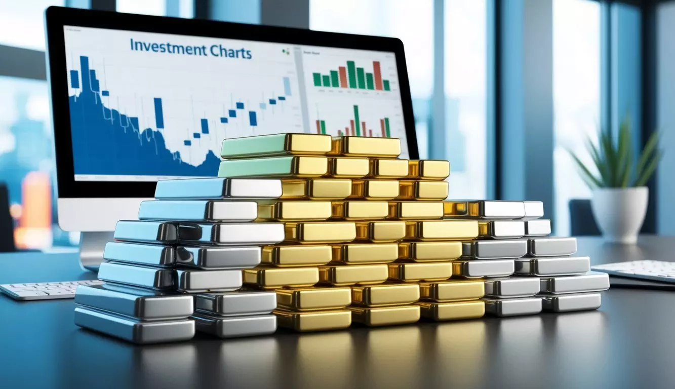 A stack of silver and gold bullion bars arranged on a sleek, modern desk with a computer screen displaying investment charts in the background