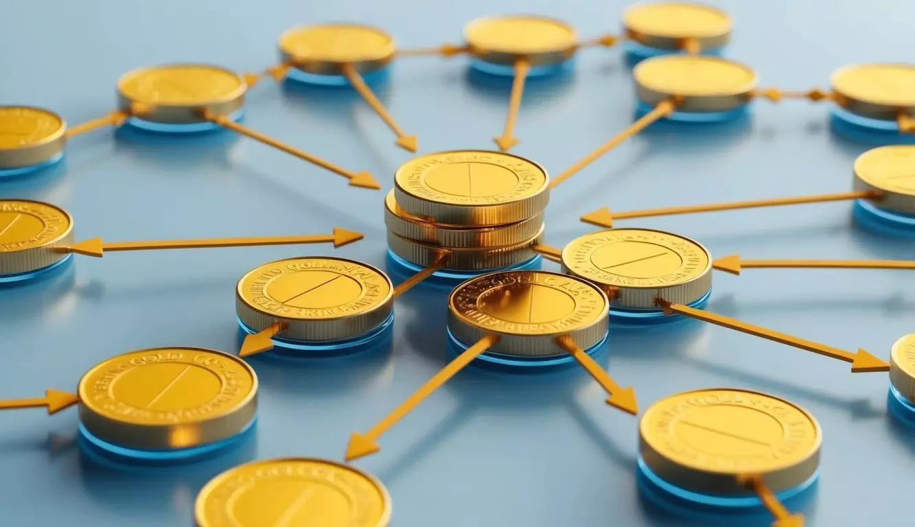 A network of interconnected gold coins representing the goldco affiliate program, with arrows symbolizing the flow of commissions between affiliates and the company